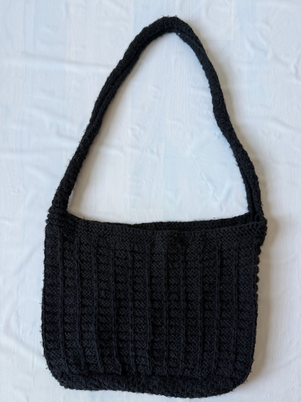 Black crochet shoulder bag handmade home crafted textured cable waffle tote